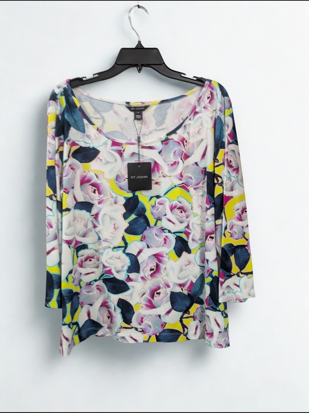 St. John Floral Scoop Neck Long Sleeve Top in White, Pink, Navy & Yellow